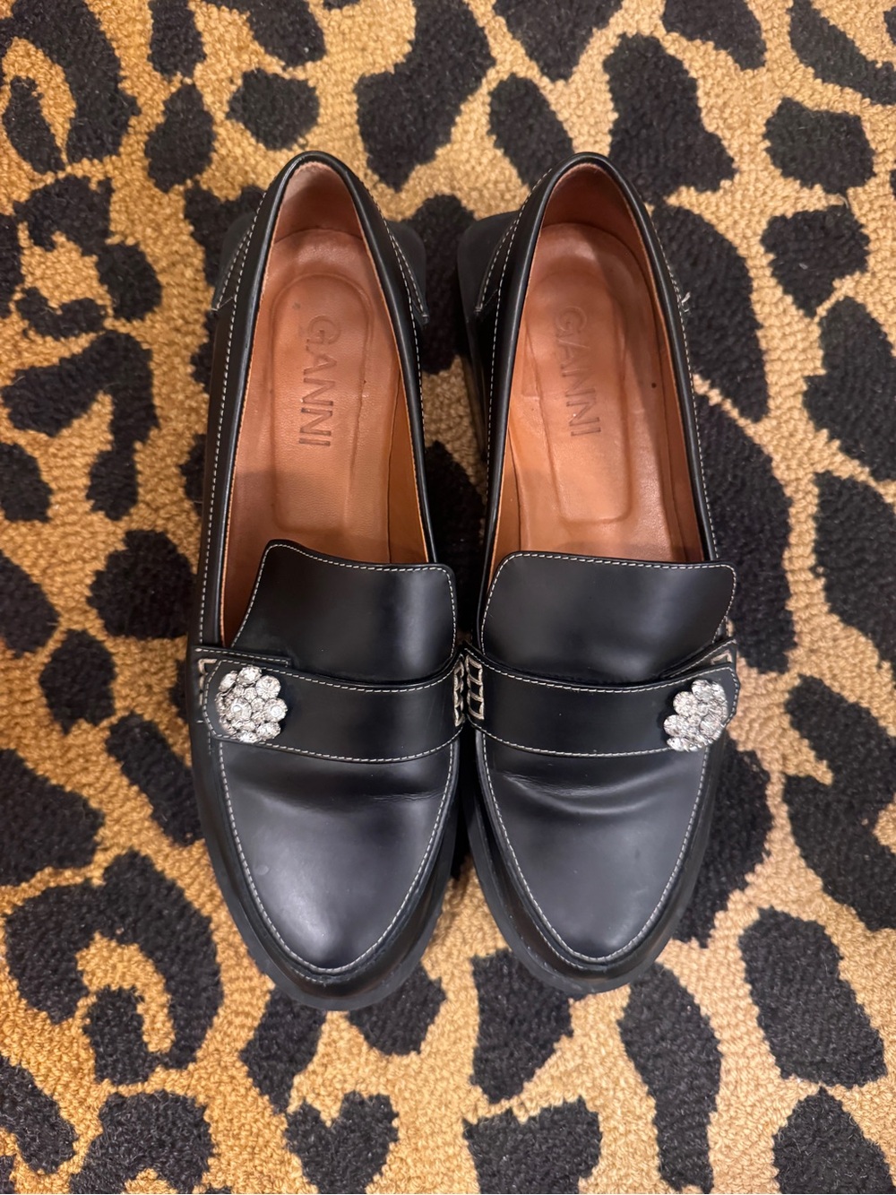 Ganni Black Leather Loafers with Crystal Floral Embellishment